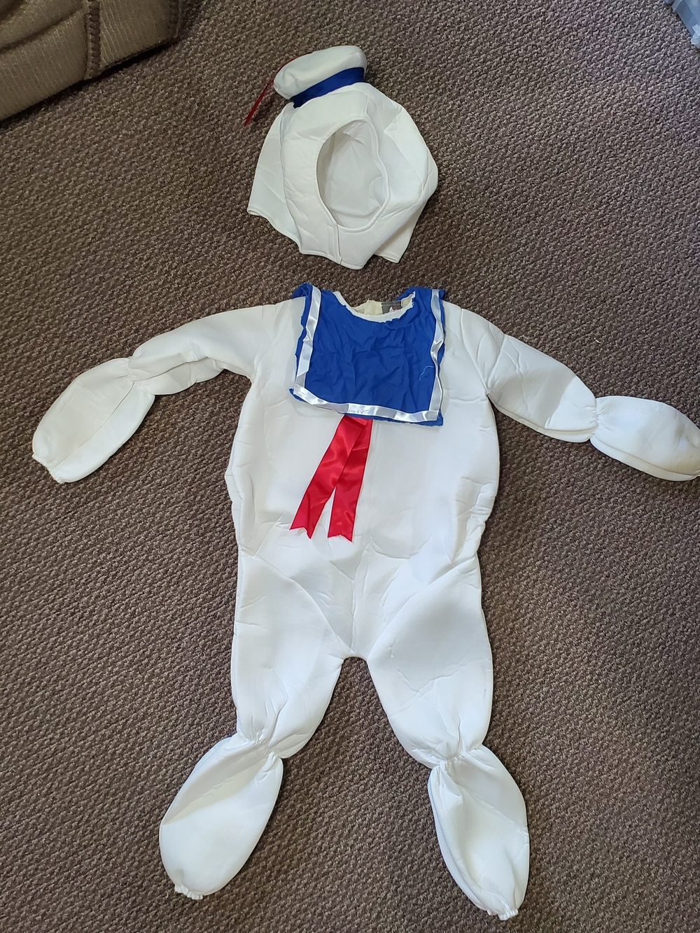 StayPuff Marshmallow Man Kids Costume with Blue Collar and Red Tie. Size 3T/4T